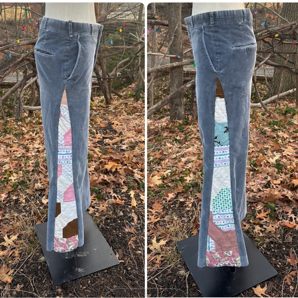 patchwork and Corduroy-Saks Fifth Avenue upcycled trousers - bow tie design
